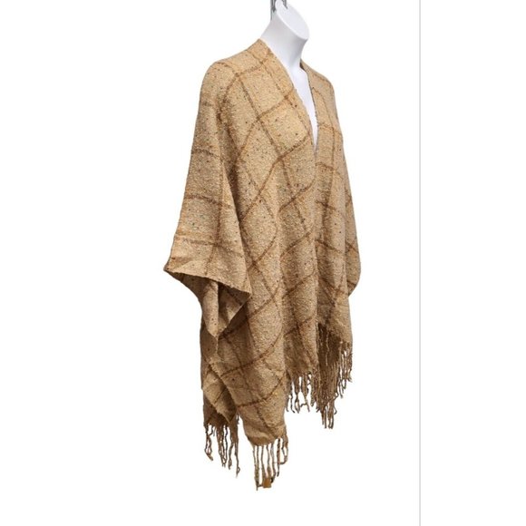 Modena Wrap Womens One Size Tan Window Pane Check  Fringed Poncho Ruana - Picture 4 of 7